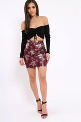 Wine Floral PU Skirt - Iris-Skirts