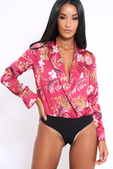 Wine Floral Plunge Satin Bodysuit - Rebeka-Bodysuits
