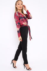 Wine Floral Plunge Satin Wrap Front Jumpsuit - Talulah-Jumpsuits