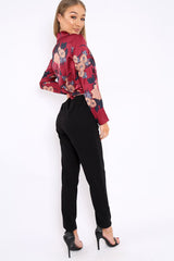 Wine Floral Plunge Satin Wrap Front Jumpsuit - Talulah-Jumpsuits