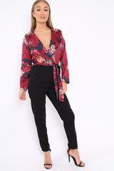 Wine Floral Plunge Satin Wrap Front Jumpsuit - Talulah-Jumpsuits