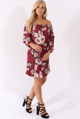 Wine Floral Print Bardot Dress - Cammi-Dresses