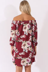 Wine Floral Print Bardot Dress - Cammi-Dresses