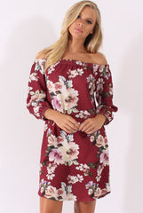 Wine Floral Print Bardot Dress - Cammi-Dresses