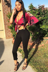 Wine Floral Print Satin Tie Crop Top - Kynslee-Crop Tops