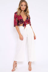 Wine Floral Print Satin Tie Crop Top - Kynslee-Crop Tops