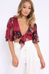 Wine Floral Print Satin Tie Crop Top - Kynslee-Crop Tops
