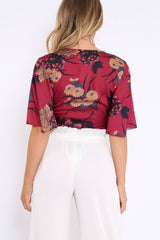 Wine Floral Print Satin Tie Crop Top - Kynslee-Crop Tops