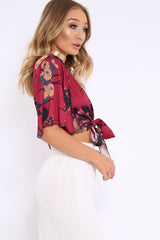 Wine Floral Print Satin Tie Crop Top - Kynslee-Crop Tops