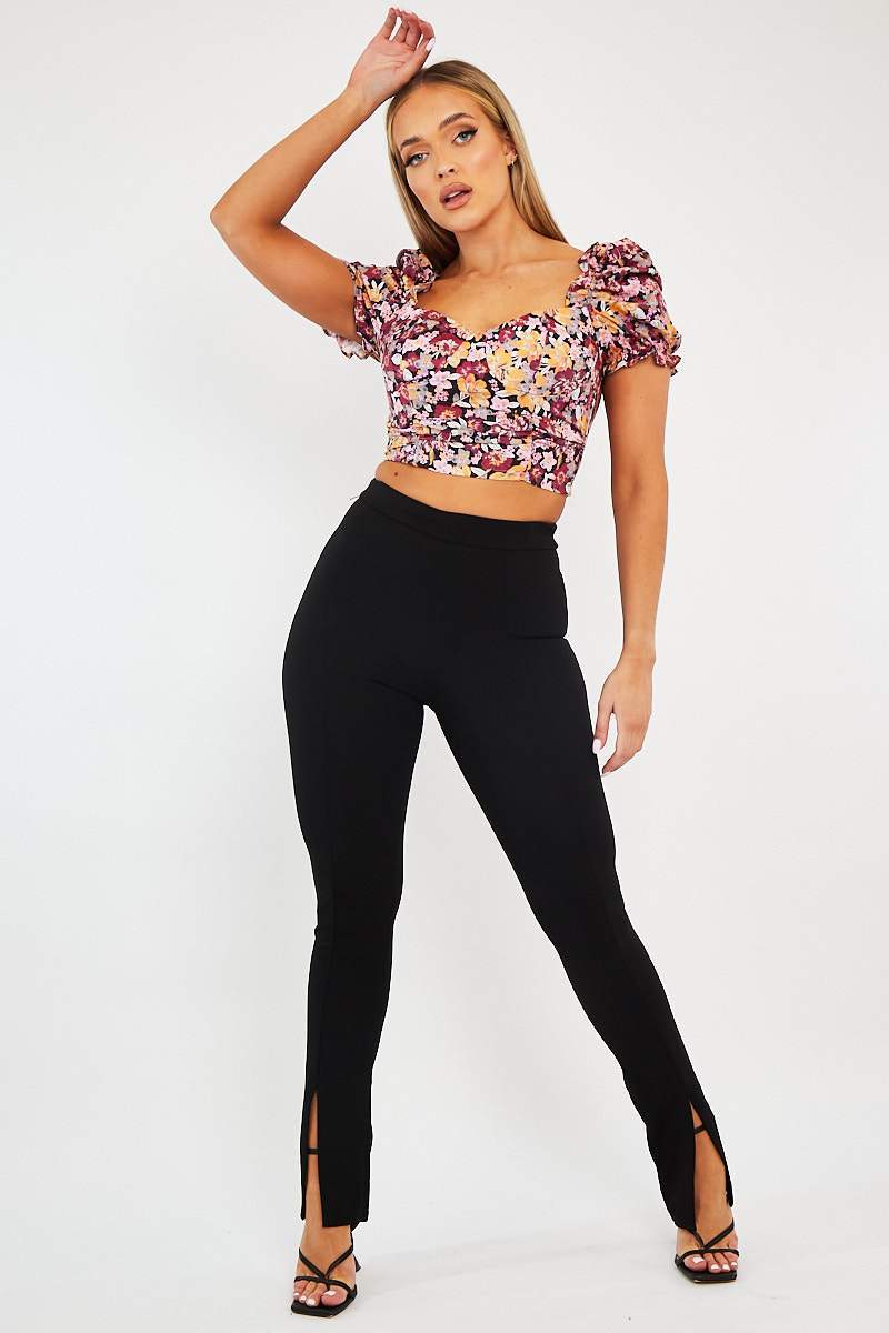 Wine Floral Puff Sleeve Crop Top - Ellorie-Crop Tops