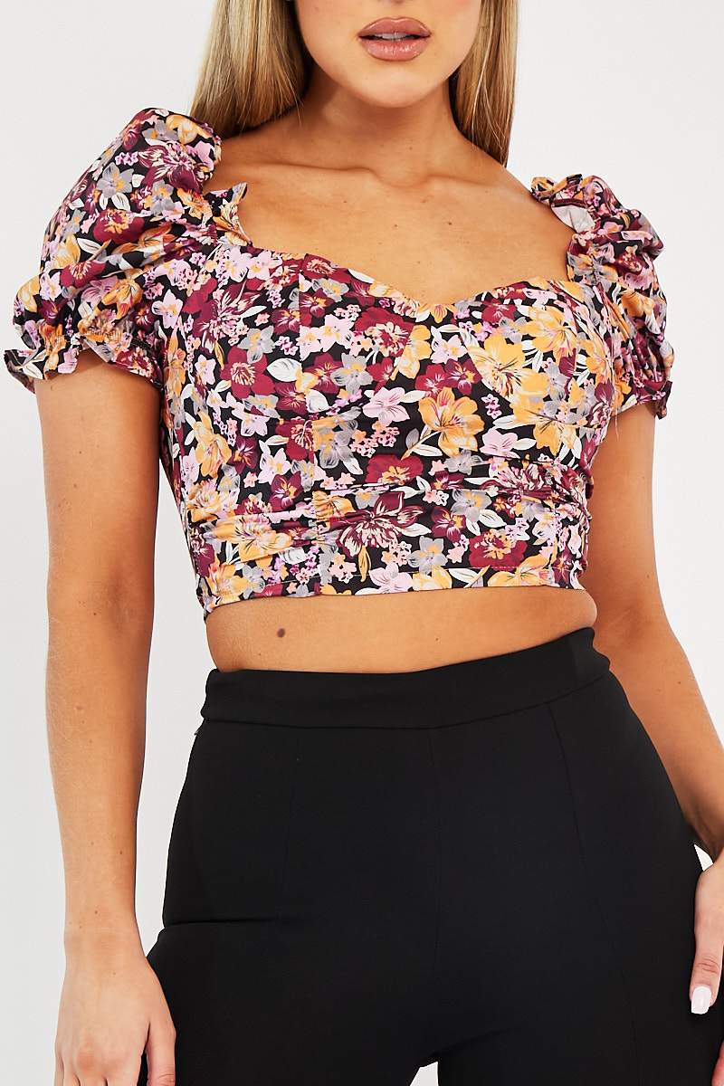 Wine Floral Puff Sleeve Crop Top - Ellorie-Crop Tops