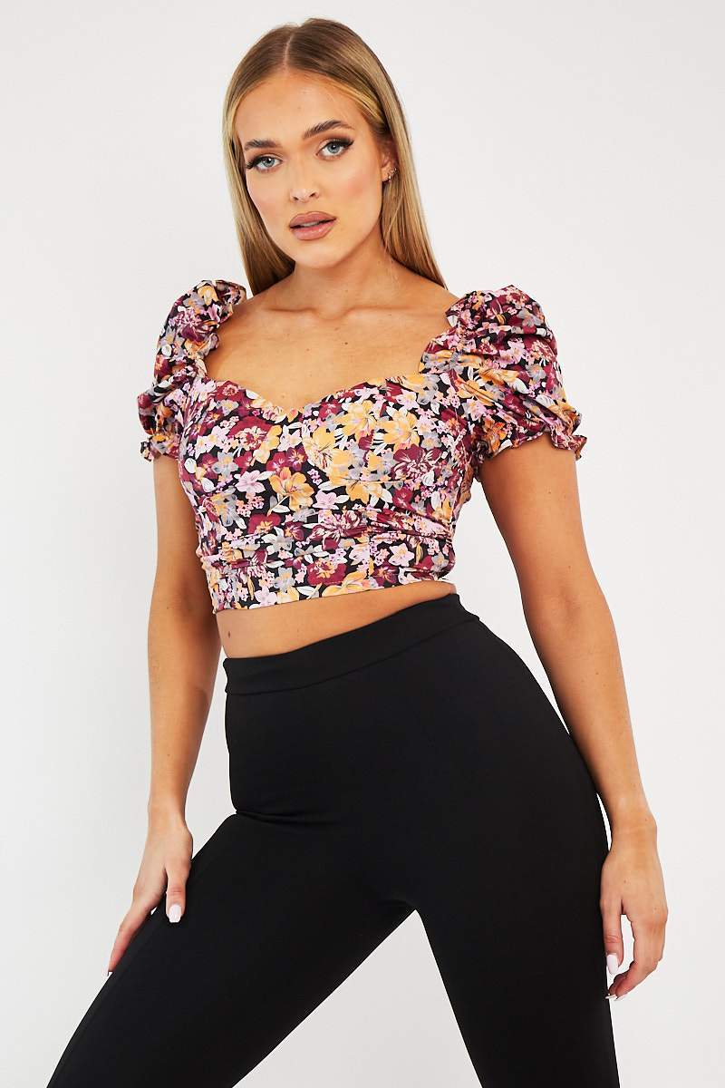 Wine Floral Puff Sleeve Crop Top - Ellorie-Crop Tops