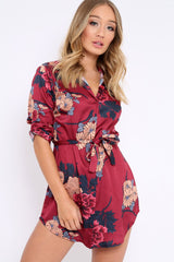 Wine Floral Satin Shirt Tie Dress - Sophina-Dresses