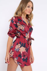 Wine Floral Satin Shirt Tie Dress - Sophina-Dresses