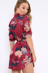 Wine Floral Satin Shirt Tie Dress - Sophina-Dresses