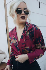 Wine Flower Print Plunge Satin Bodysuit - Madelynn-Bodysuits