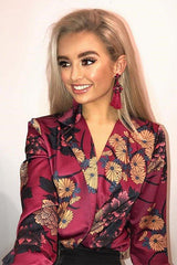 Wine Flower Print Plunge Satin Bodysuit - Madelynn-Bodysuits