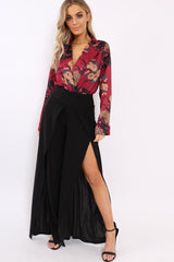 Wine Flower Print Plunge Satin Bodysuit - Madelynn-Bodysuits