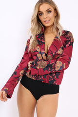 Wine Flower Print Plunge Satin Bodysuit - Madelynn-Bodysuits