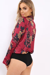 Wine Flower Print Plunge Satin Bodysuit - Madelynn-Bodysuits