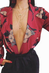 Wine Flower Print Plunge Satin Bodysuit - Madelynn-Bodysuits