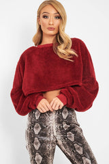 Wine Fluffy Long Sleeve Crop Jumper - Noura-Crop Jumper