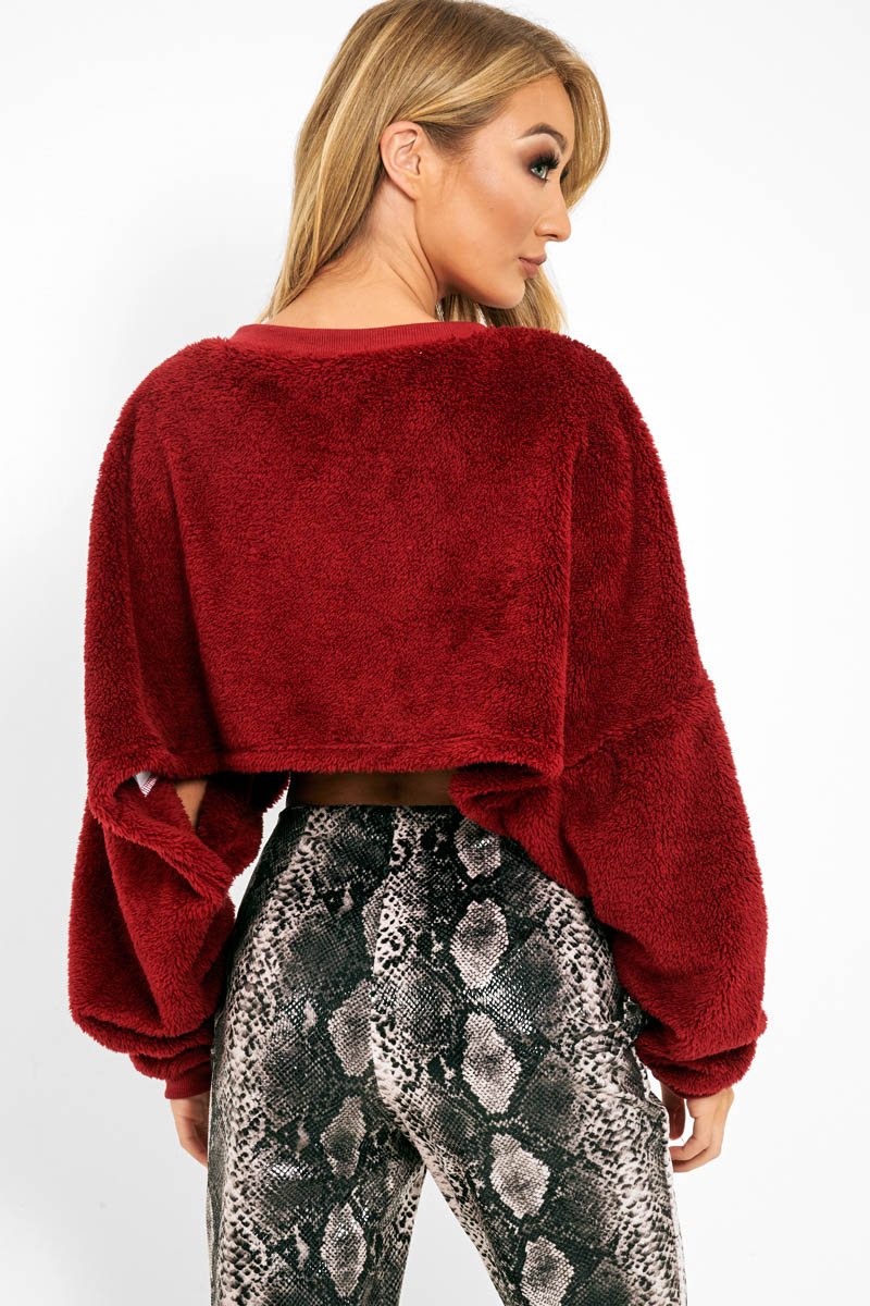Wine Fluffy Long Sleeve Crop Jumper - Noura-Crop Jumper