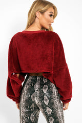 Wine Fluffy Long Sleeve Crop Jumper - Noura-Crop Jumper