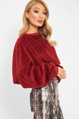 Wine Fluffy Long Sleeve Crop Jumper - Noura-Crop Jumper