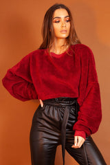 Wine Fluffy Long Sleeve Crop Jumper - Noura-Crop Jumper