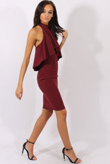 Wine Frill Choker Midi Dress - Angela-Dresses