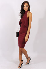 Wine Frill Choker Midi Dress - Angela-Dresses