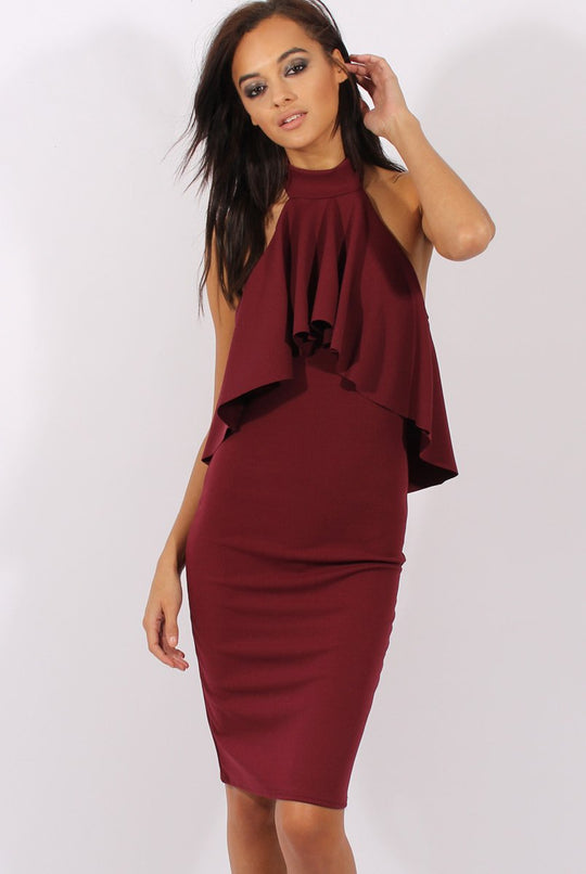 Wine Frill Choker Midi Dress - Angela