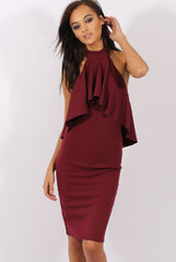 Wine Frill Choker Midi Dress - Angela-Dresses