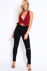 Wine Frill Hem Racer Back Crop Top - Lucie-Crop Tops