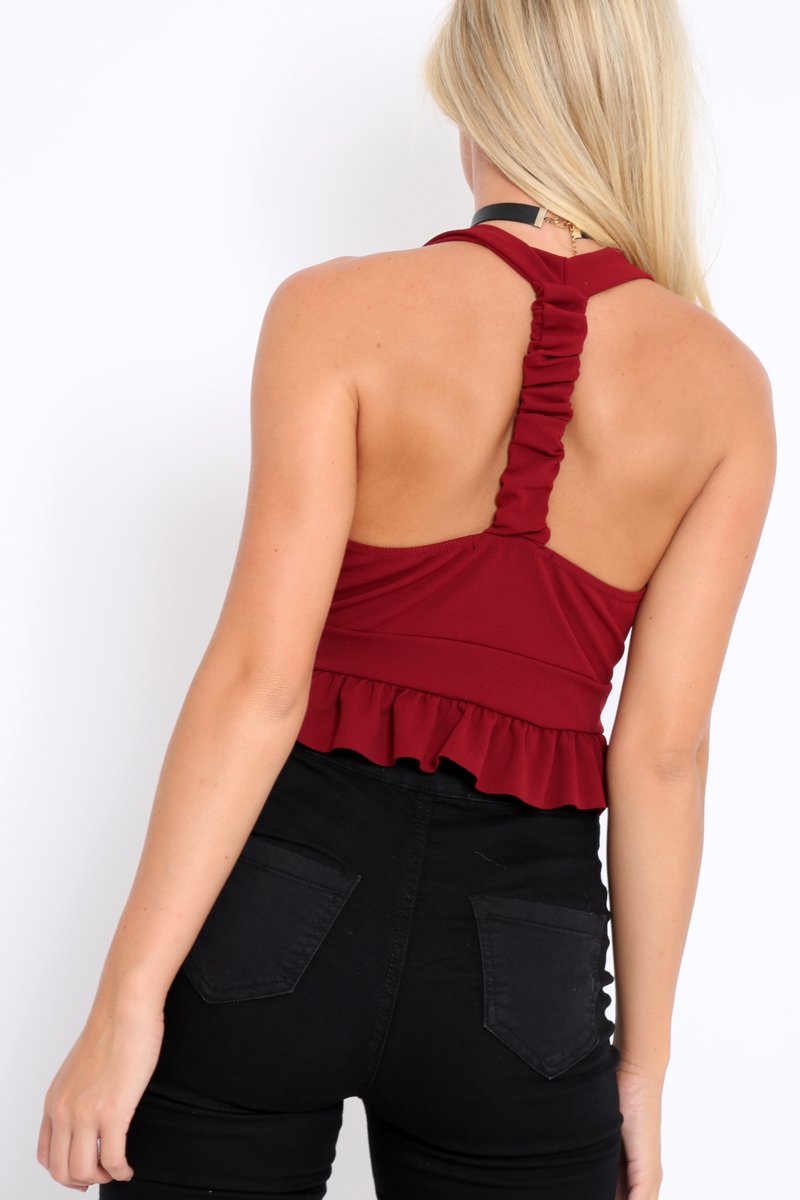 Wine Frill Hem Racer Back Crop Top - Lucie-Crop Tops