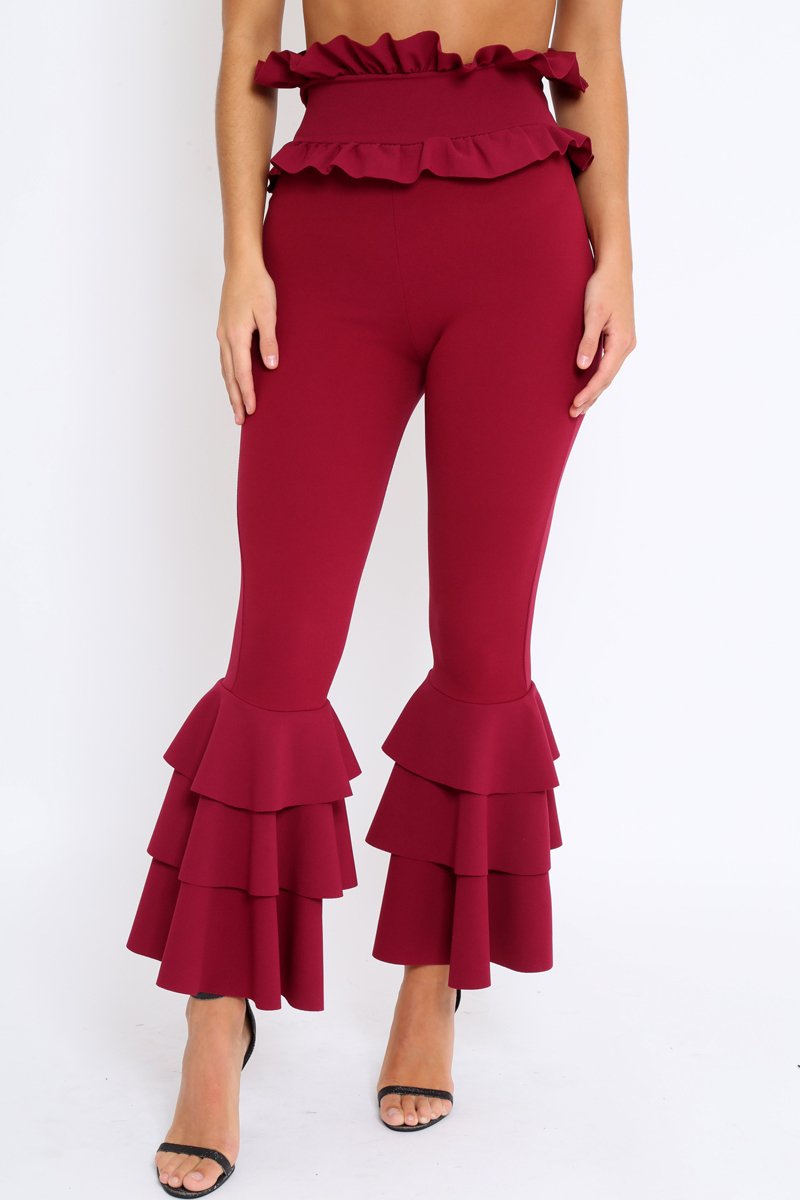 Wine Frill Hem Triple Tiered Frill Hem Trousers - Karla-Trousers