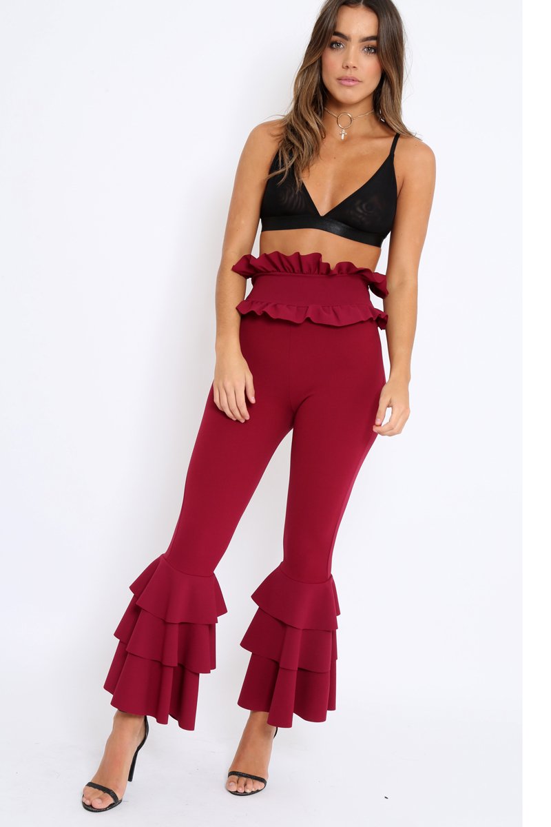 Wine Frill Hem Triple Tiered Frill Hem Trousers - Karla-Trousers