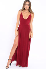 Wine Front Split Leg Maxi Dress - Effy-Dresses