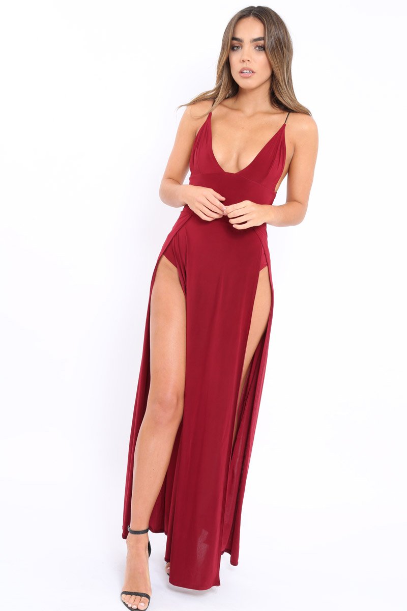 Wine Front Split Leg Maxi Dress - Effy-Dresses