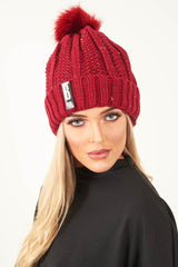 Wine Glitter Chunky Knit Bobble Hat - Rubie-Hats