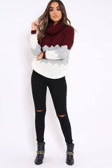 Wine Grey and Cream ZigZag Patterned Roll Neck Jumper - Nataley-Jumper
