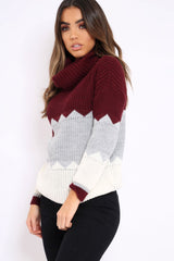 Wine Grey and Cream ZigZag Patterned Roll Neck Jumper - Nataley-Jumper