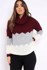 Wine Grey and Cream ZigZag Patterned Roll Neck Jumper - Nataley-Jumper