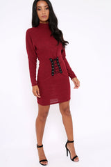 Wine High Neck Corset Front Ribbed Jumper Dress - Miah-Dresses