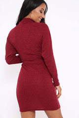 Wine High Neck Corset Front Ribbed Jumper Dress - Miah-Dresses