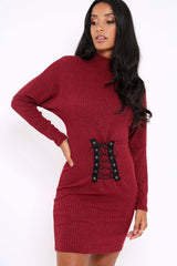 Wine High Neck Corset Front Ribbed Jumper Dress - Miah-Dresses