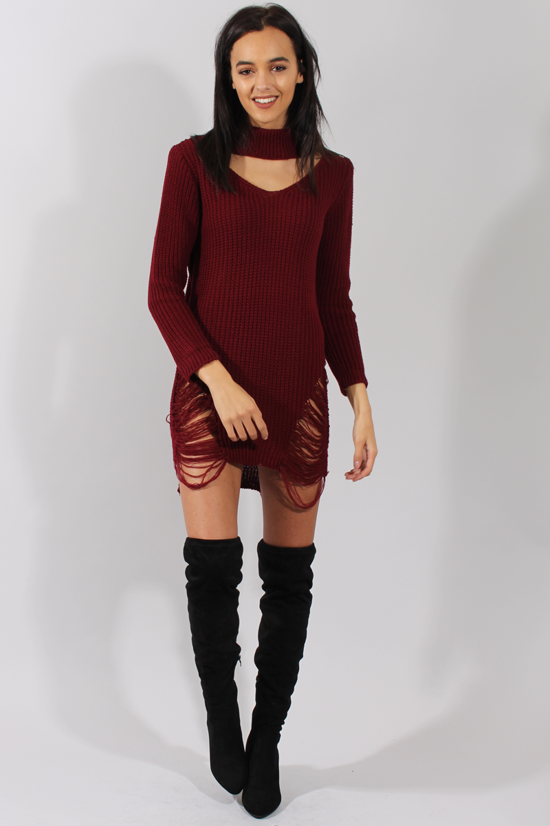 Wine High Neck Cut Out Distressed Jumper Dress - Adalyn-Jumper