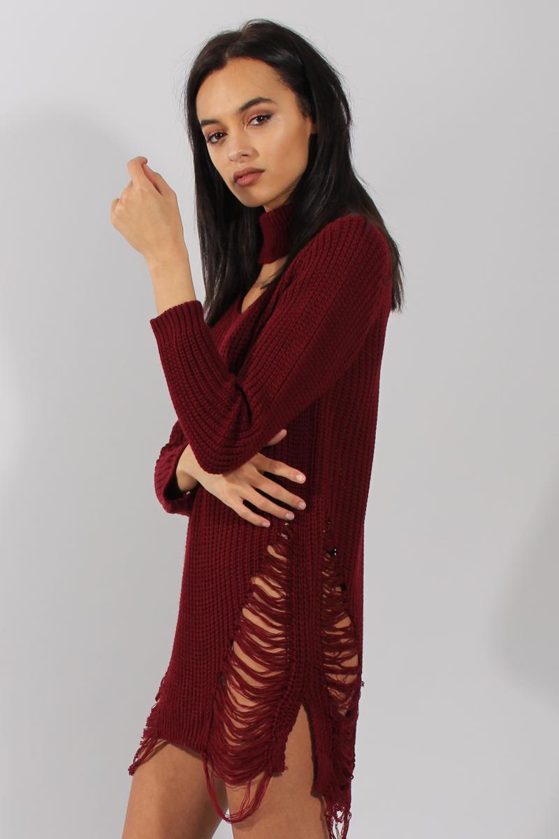 Wine High Neck Cut Out Distressed Jumper Dress - Adalyn-Jumper