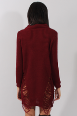Wine High Neck Cut Out Distressed Jumper Dress - Adalyn-Jumper